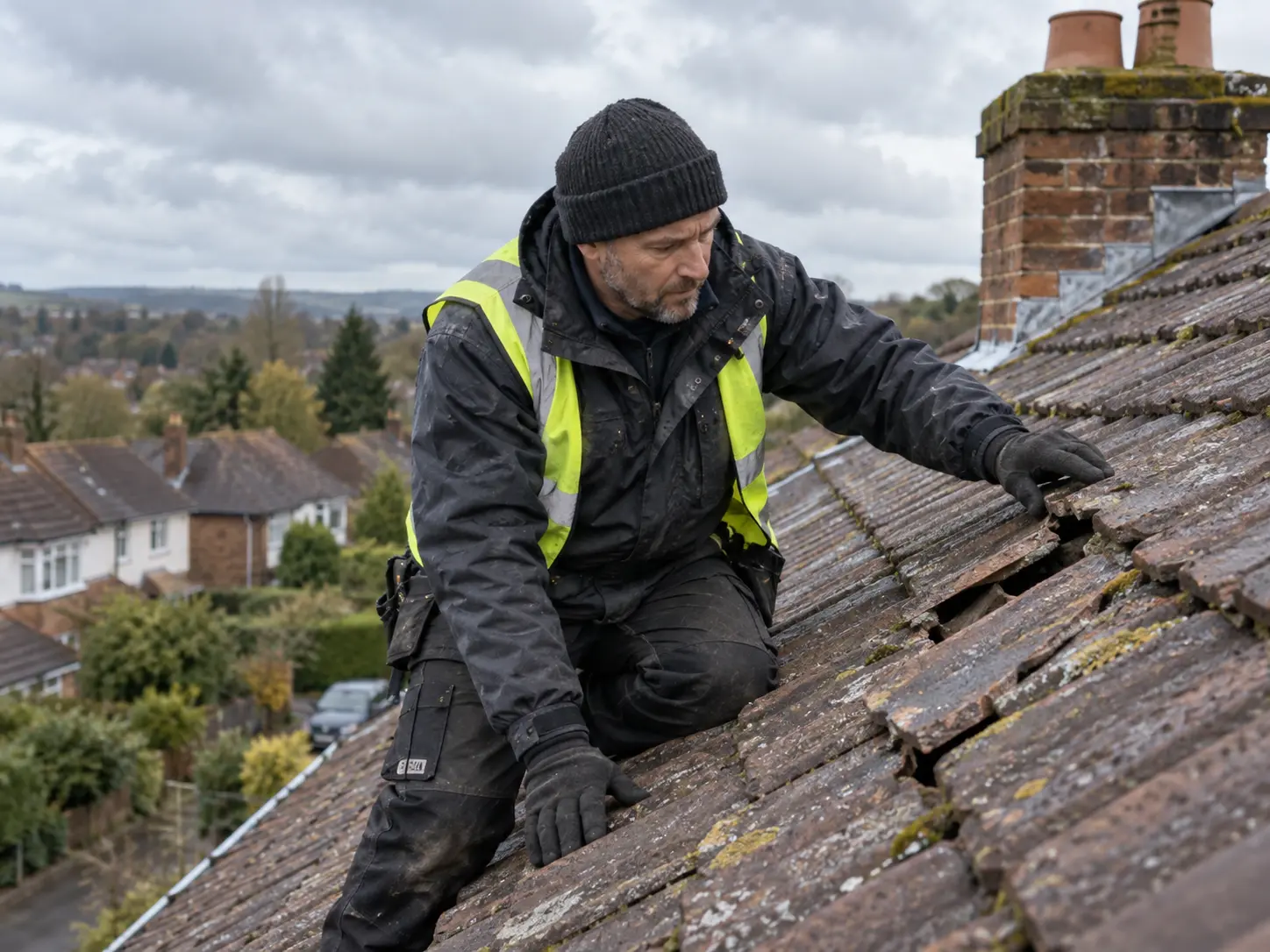 Roofer inspecting a tiled roof for damage